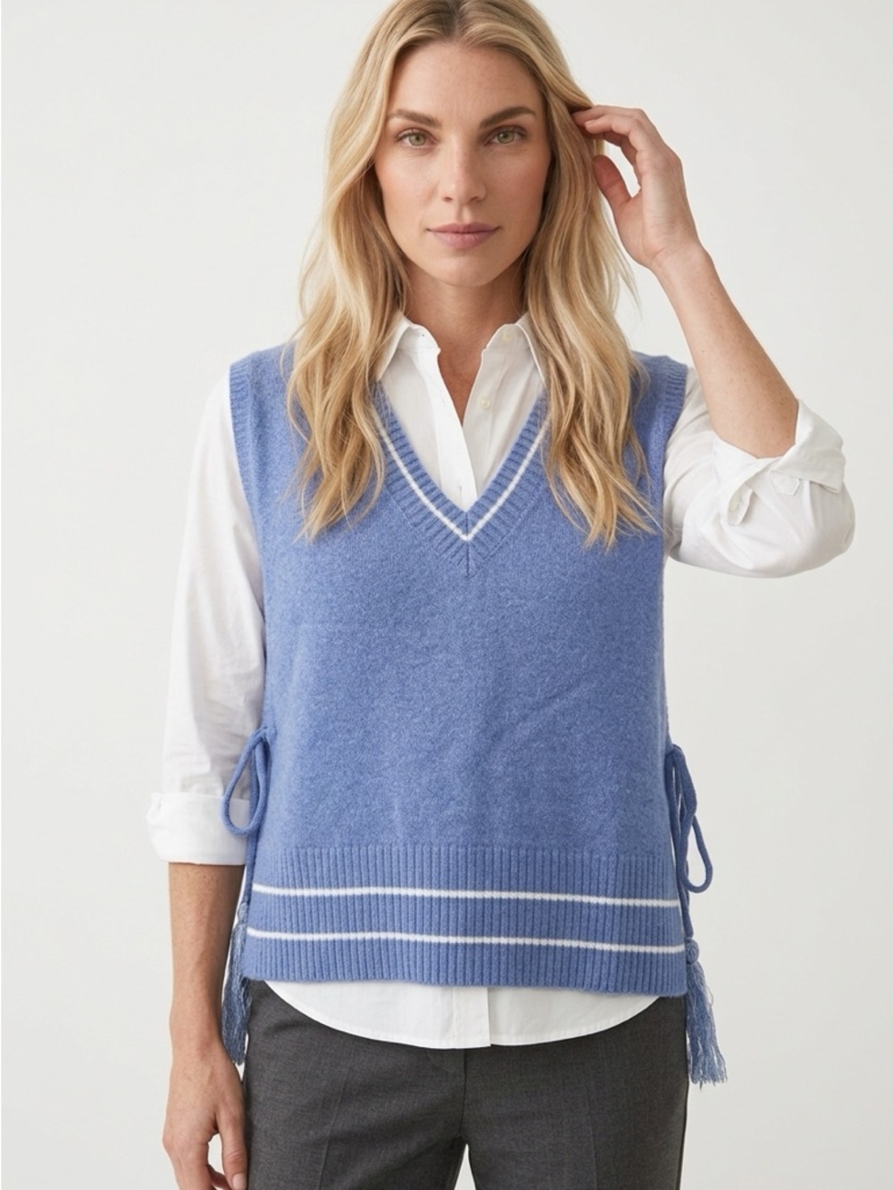 Blue V-Neck Knit Sweater Vest with Side Ties